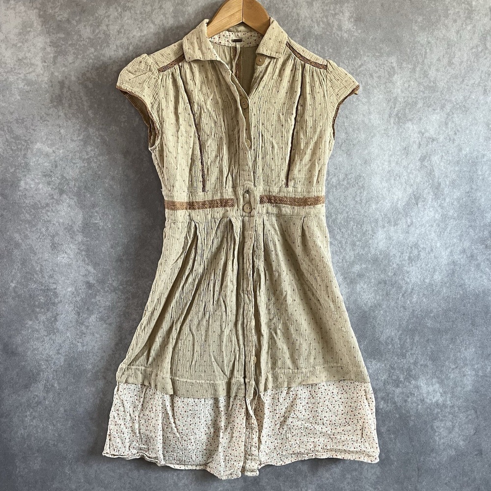 Free People Dress Printed A Line w/Lace Collared Beige Tan Cottage *See Descrip*